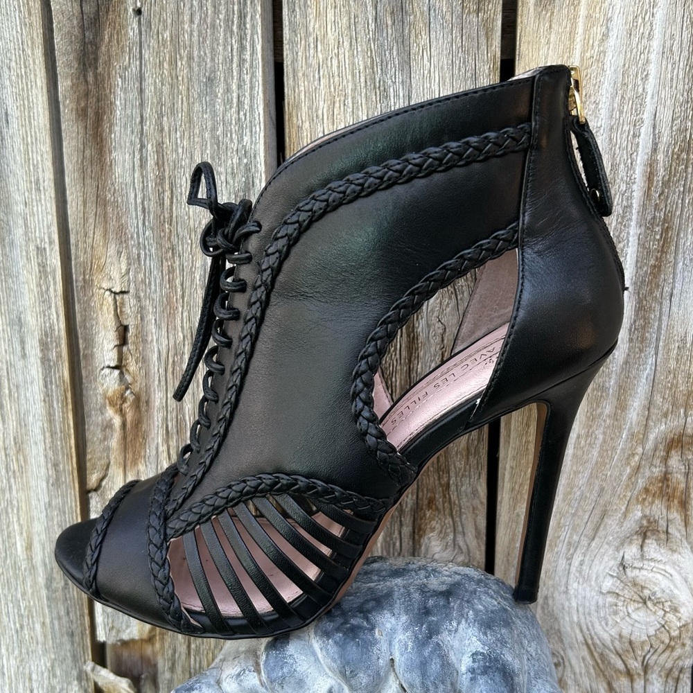 Avec Les Filles Joyce Lace Up Open Toe Heel Leather Black 6.5